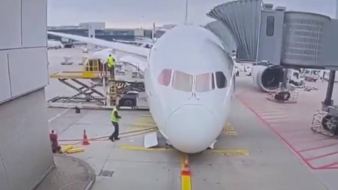 Several Lufthansa staff injured after plane’s nose gear collapses at Germany’s Frankfurt airport – video